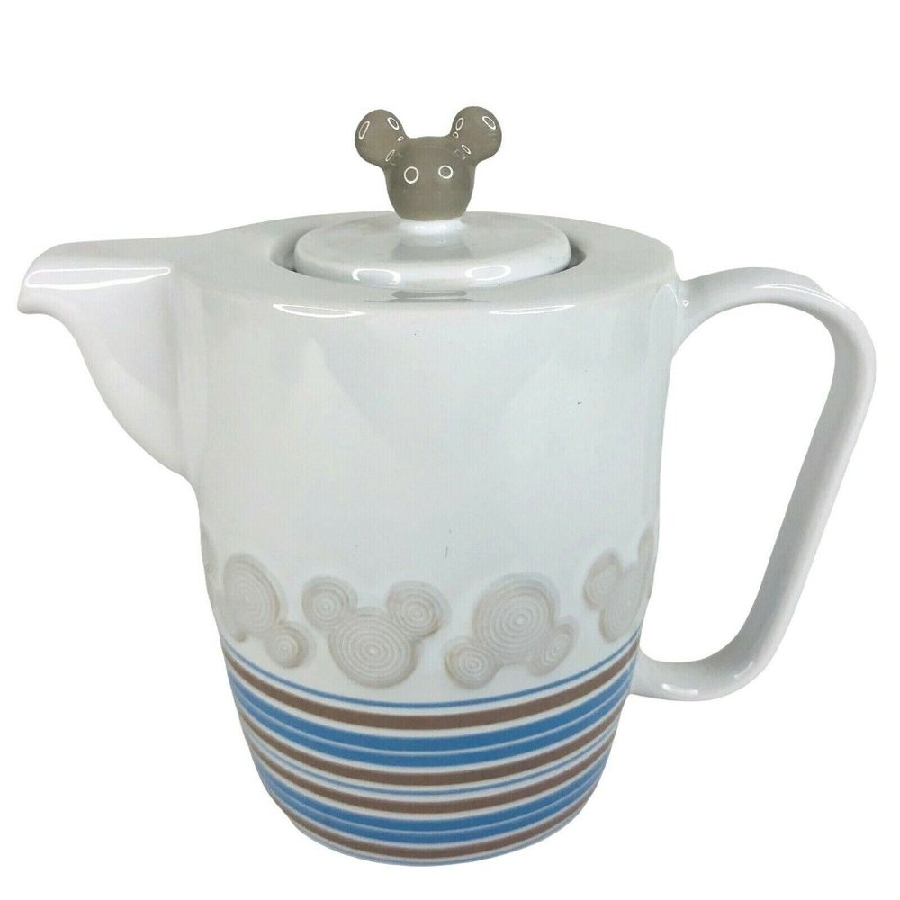 Walt Disney World Mickey Mouse Teapot Blue Brown‎ Stripe White Thailand Unused